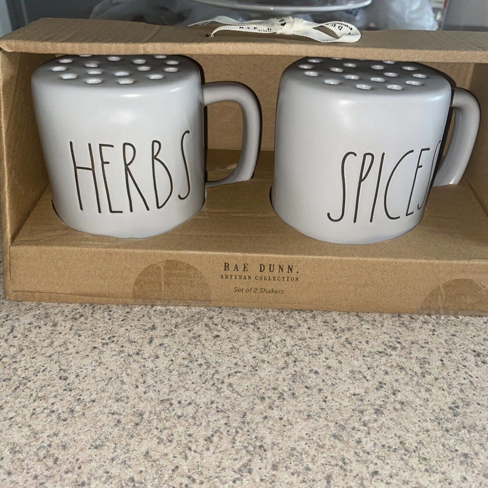 New Rae Dunn HERBS and SPICES Gray Shaker Set By Magenta Artisan Brown letters - Picture 2 of 5